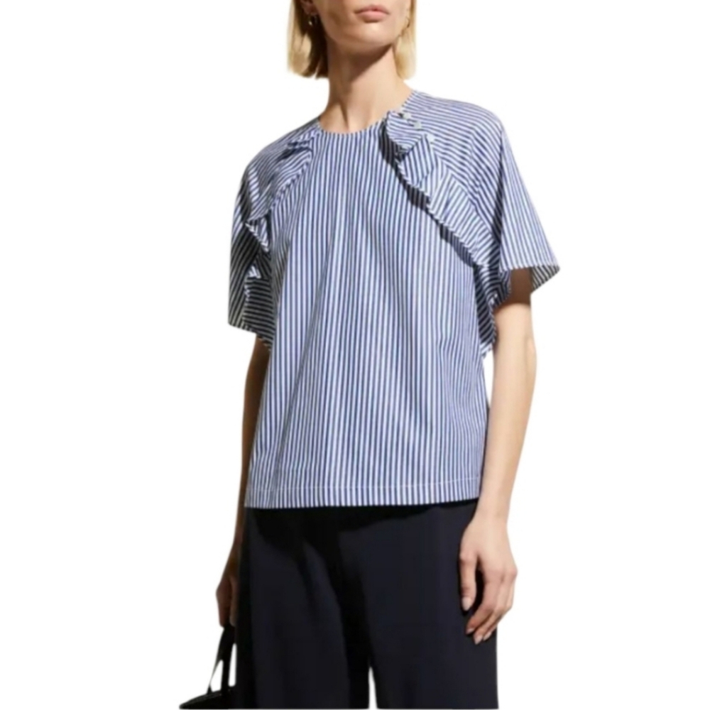 Harshman Anthropologie Lucien Blue White Stripe Ruffle Blouse 3X NWT
